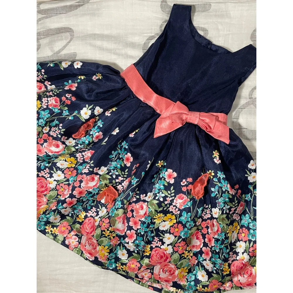Girls Lilt Formal Dress 4T Navy Blue Floral with Coral Bow